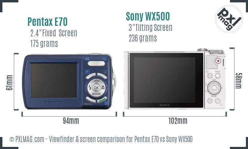 Pentax E70 vs Sony WX500 Screen and Viewfinder comparison