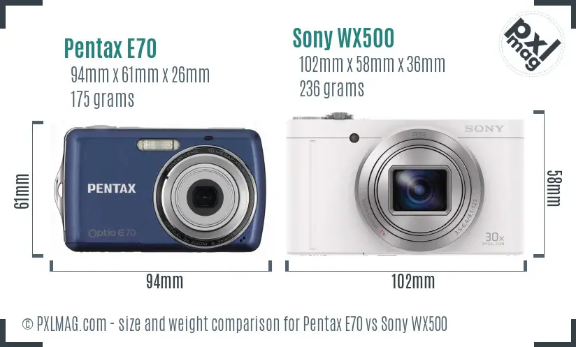 Pentax E70 vs Sony WX500 size comparison