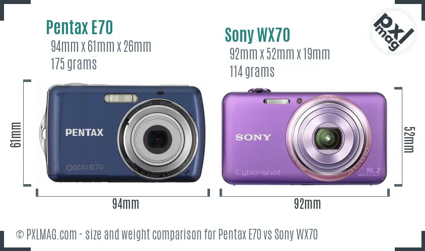 Pentax E70 vs Sony WX70 size comparison