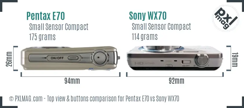 Pentax E70 vs Sony WX70 top view buttons comparison