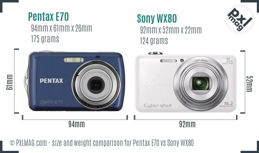 Pentax E70 vs Sony WX80 size comparison