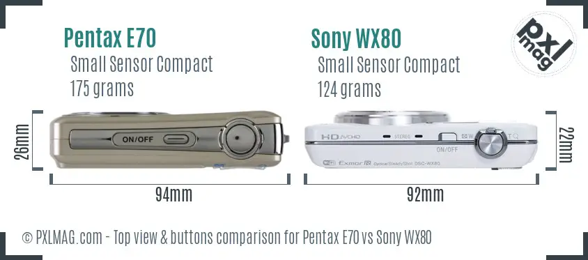 Pentax E70 vs Sony WX80 top view buttons comparison