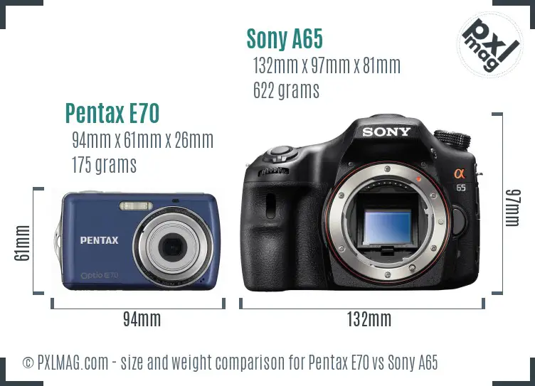 Pentax E70 vs Sony A65 size comparison