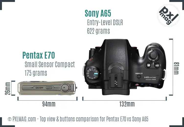 Pentax E70 vs Sony A65 top view buttons comparison