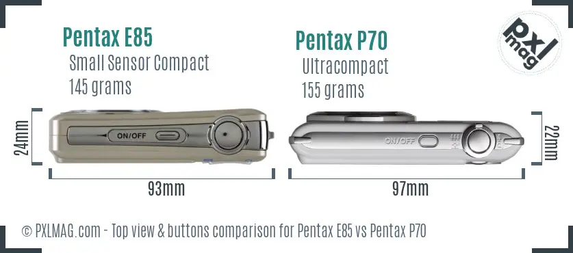 Pentax E85 vs Pentax P70 top view buttons comparison