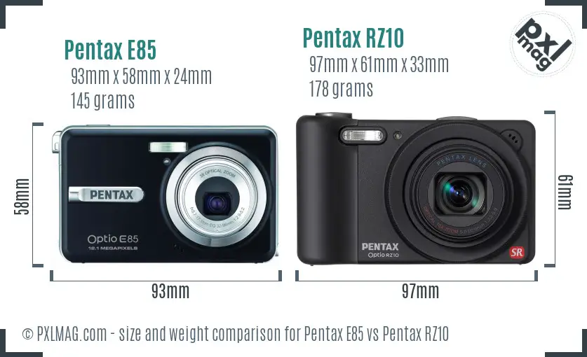 Pentax E85 vs Pentax RZ10 size comparison