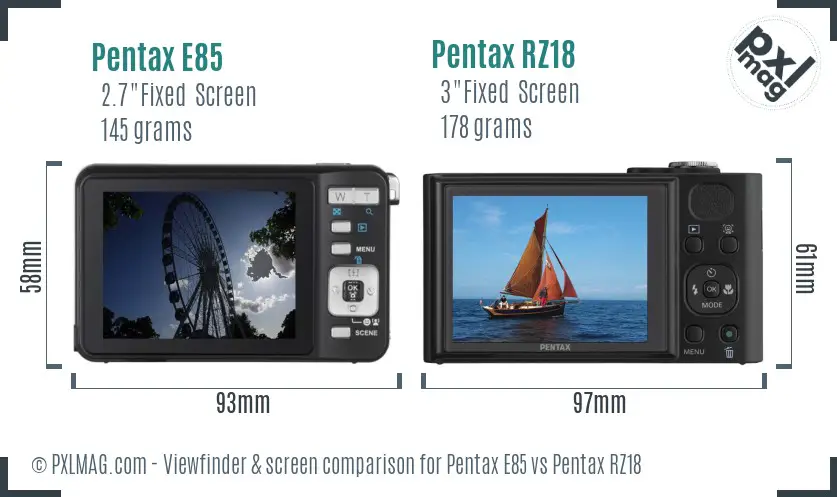 Pentax E85 vs Pentax RZ18 Screen and Viewfinder comparison