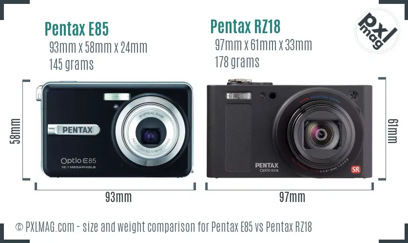Pentax E85 vs Pentax RZ18 size comparison