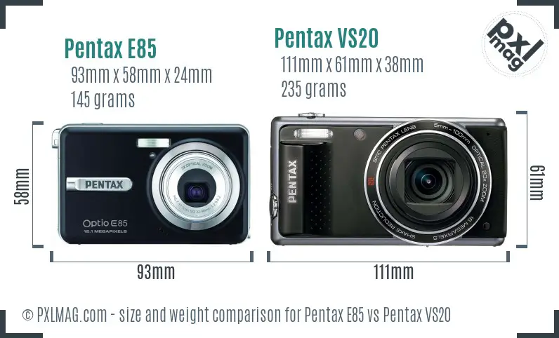 Pentax E85 vs Pentax VS20 size comparison