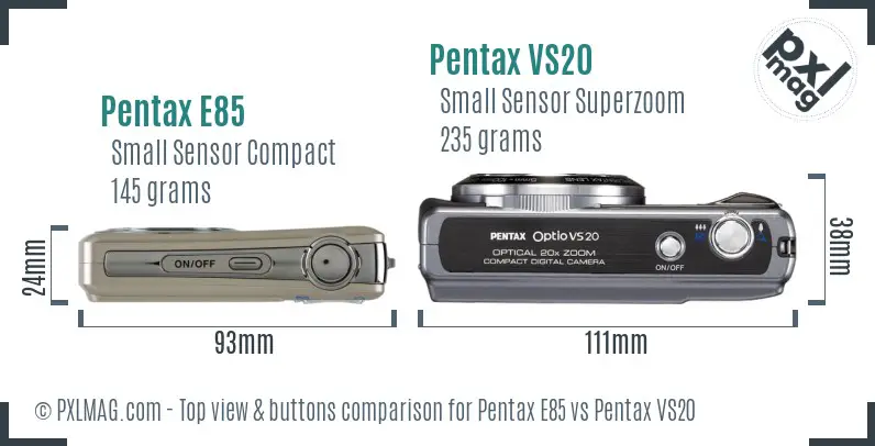 Pentax E85 vs Pentax VS20 top view buttons comparison
