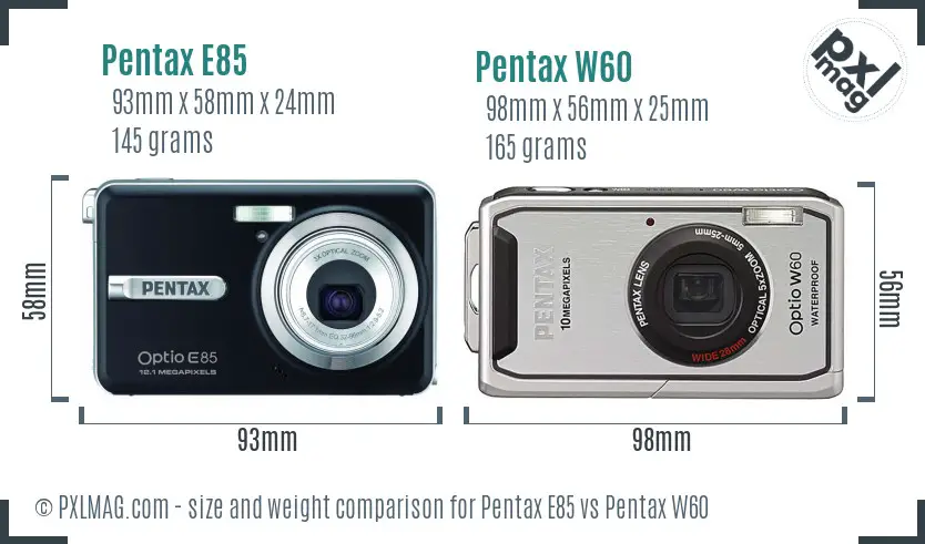 Pentax E85 vs Pentax W60 size comparison