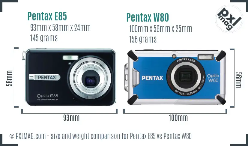 Pentax E85 vs Pentax W80 size comparison