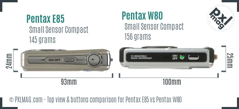 Pentax E85 vs Pentax W80 top view buttons comparison