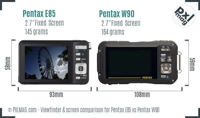 Pentax E85 vs Pentax W90 Screen and Viewfinder comparison