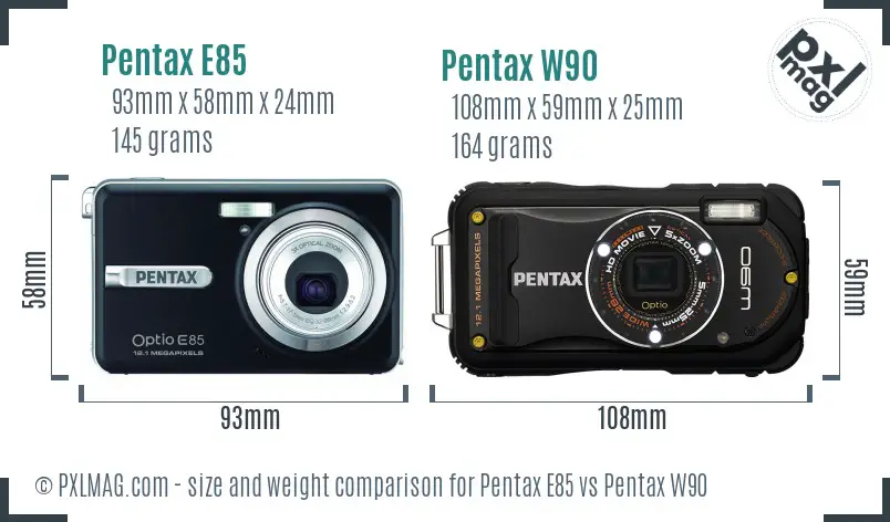 Pentax E85 vs Pentax W90 size comparison