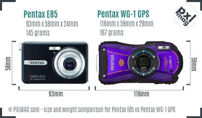 Pentax E85 vs Pentax WG-1 GPS size comparison