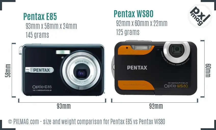 Pentax E85 vs Pentax WS80 size comparison