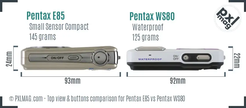 Pentax E85 vs Pentax WS80 top view buttons comparison