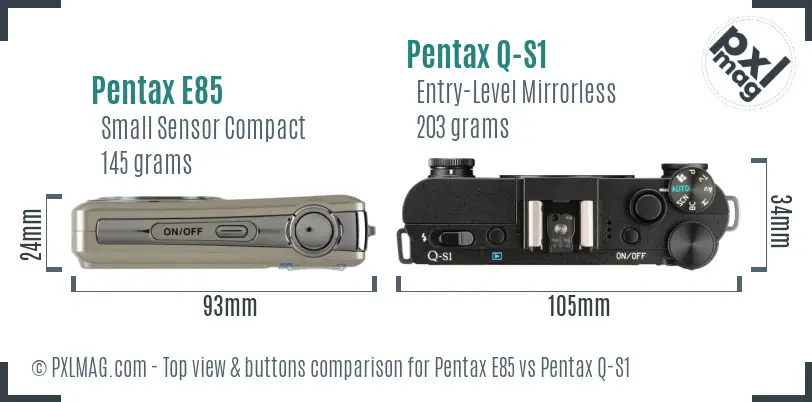 Pentax E85 vs Pentax Q-S1 top view buttons comparison