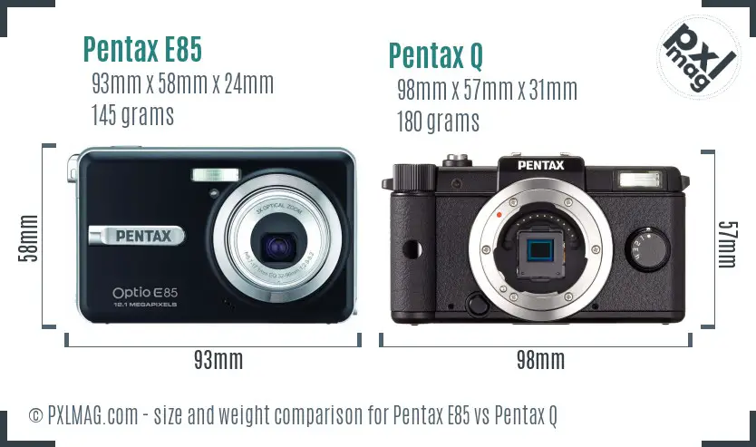 Pentax E85 vs Pentax Q size comparison