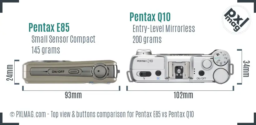 Pentax E85 vs Pentax Q10 top view buttons comparison
