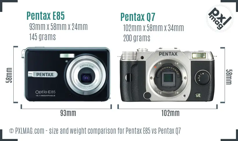 Pentax E85 vs Pentax Q7 size comparison