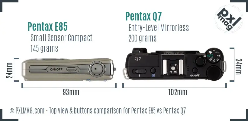 Pentax E85 vs Pentax Q7 top view buttons comparison