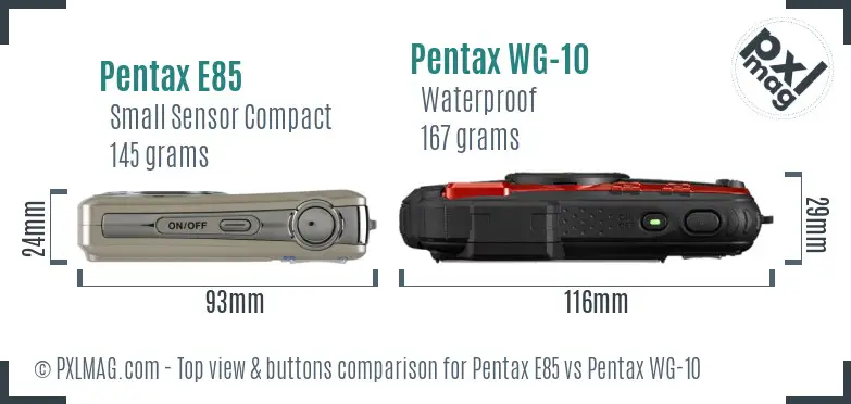 Pentax E85 vs Pentax WG-10 top view buttons comparison Pentax E85 vs Pentax WG-10 top view buttons comparison
