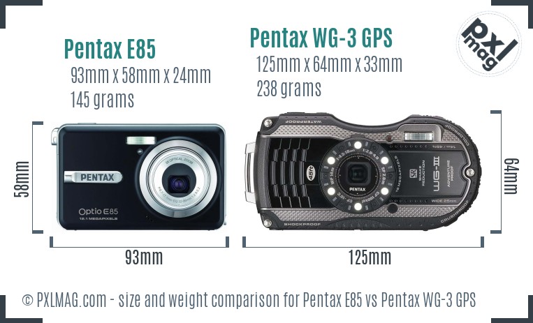 Pentax E85 vs Pentax WG-3 GPS size comparison