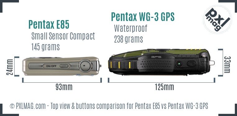 Pentax E85 vs Pentax WG-3 GPS top view buttons comparison