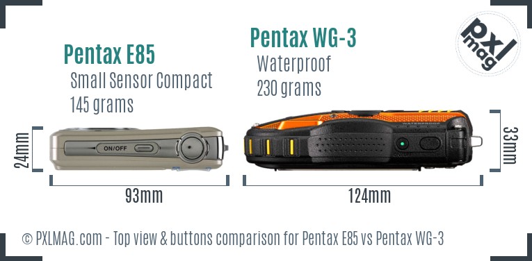 Pentax E85 vs Pentax WG-3 top view buttons comparison
