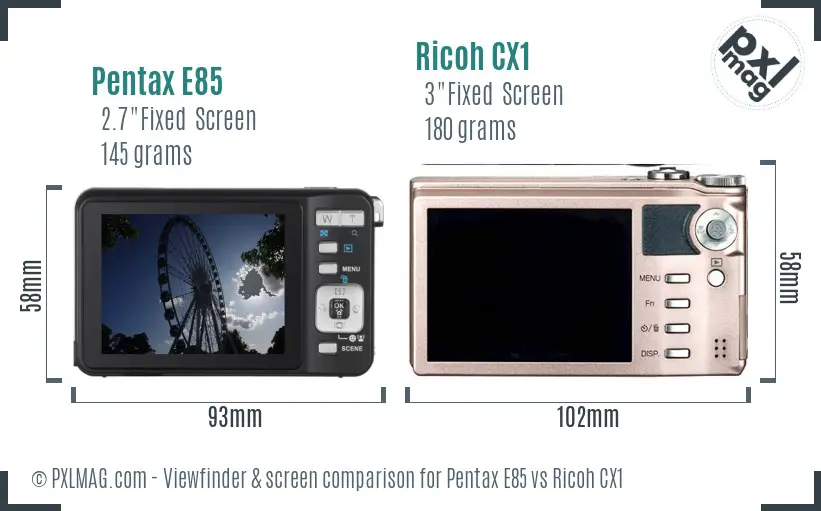 Pentax E85 vs Ricoh CX1 Screen and Viewfinder comparison