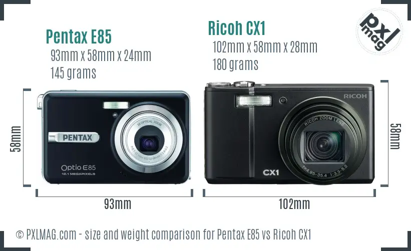 Pentax E85 vs Ricoh CX1 size comparison