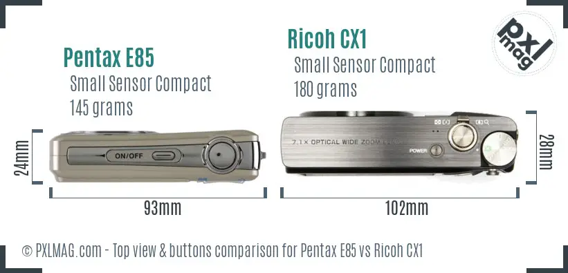 Pentax E85 vs Ricoh CX1 top view buttons comparison