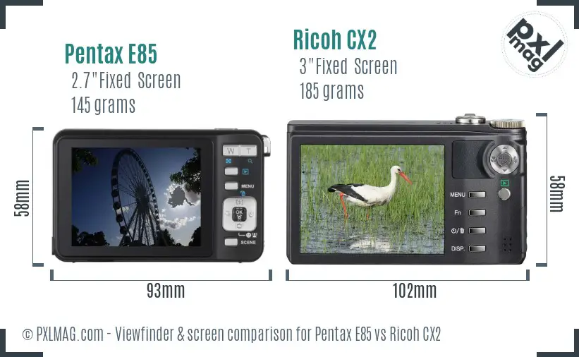 Pentax E85 vs Ricoh CX2 Screen and Viewfinder comparison