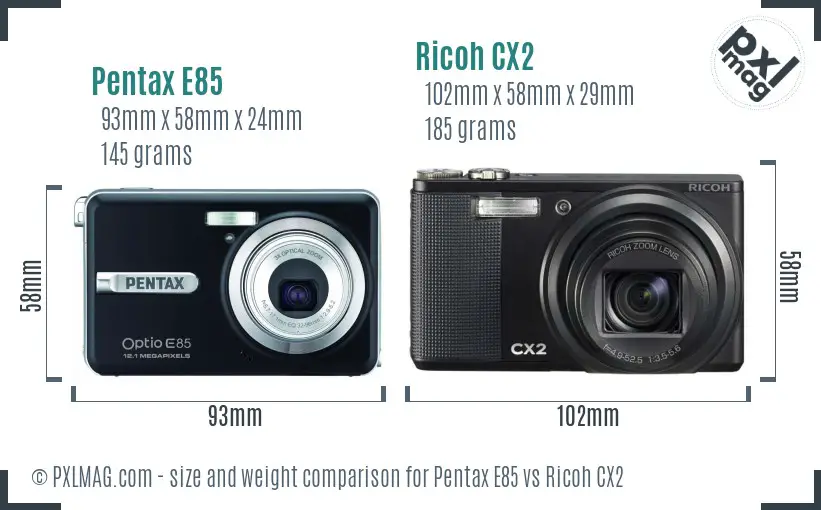 Pentax E85 vs Ricoh CX2 size comparison