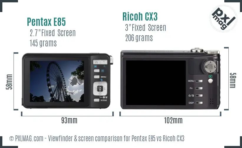 Pentax E85 vs Ricoh CX3 Screen and Viewfinder comparison Pentax E85 vs Ricoh CX3 Screen and Viewfinder comparison