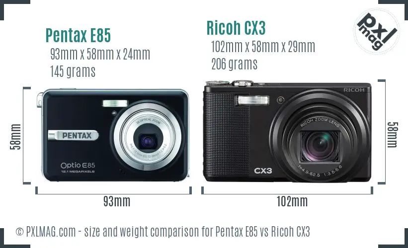 Pentax E85 vs Ricoh CX3 size comparison Pentax E85 vs Ricoh CX3 size comparison