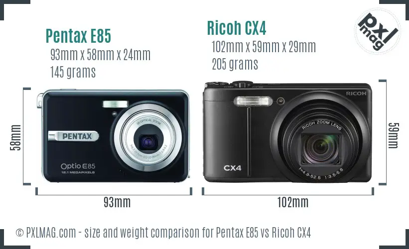 Pentax E85 vs Ricoh CX4 size comparison