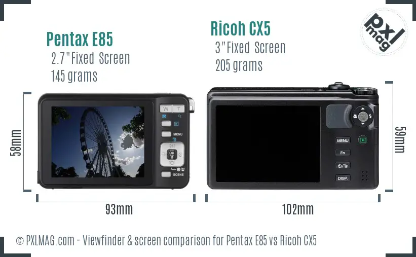 Pentax E85 vs Ricoh CX5 Screen and Viewfinder comparison
