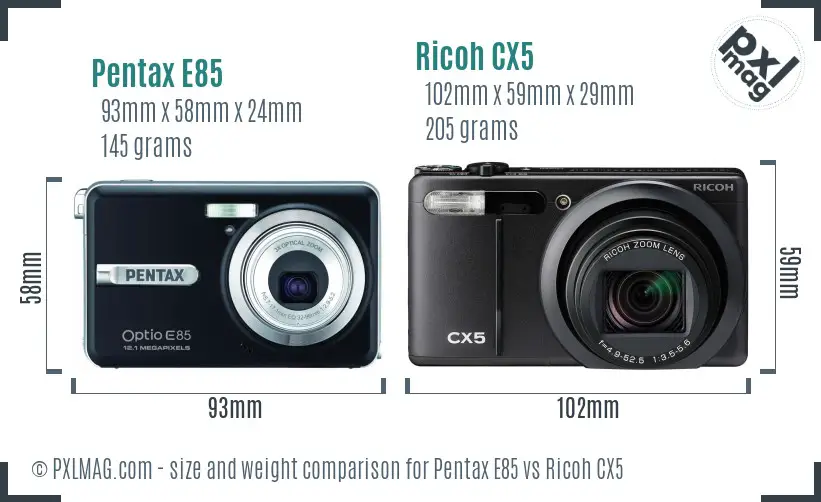 Pentax E85 vs Ricoh CX5 size comparison