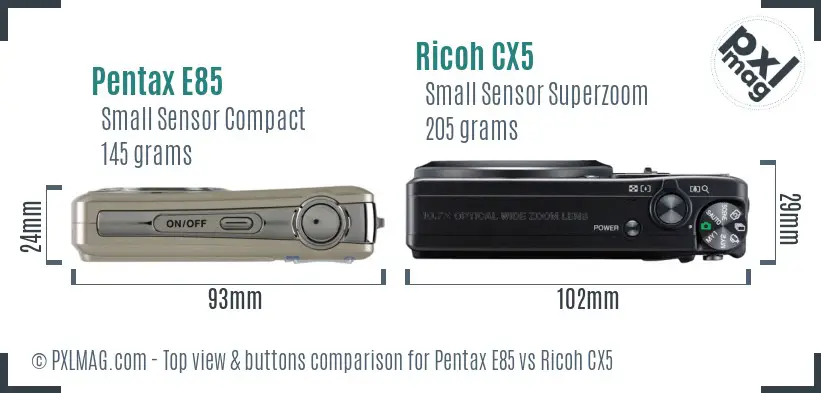 Pentax E85 vs Ricoh CX5 top view buttons comparison