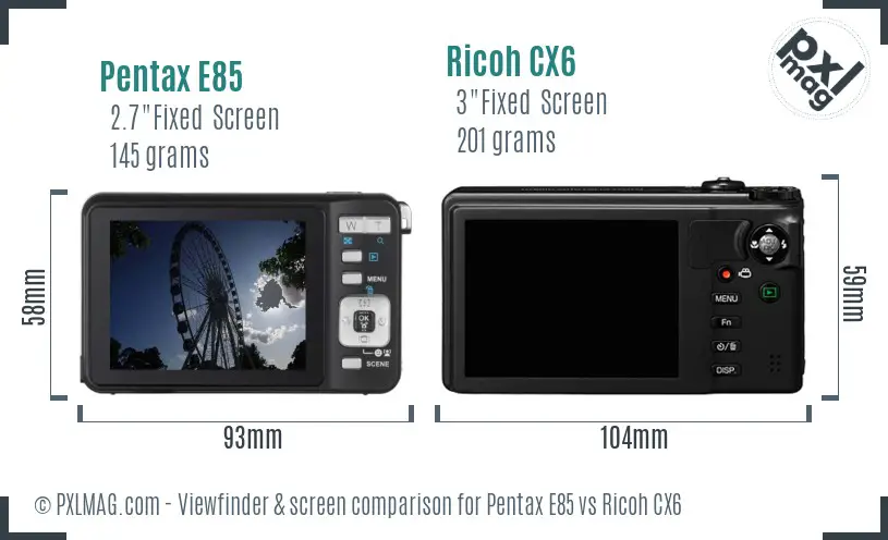 Pentax E85 vs Ricoh CX6 Screen and Viewfinder comparison