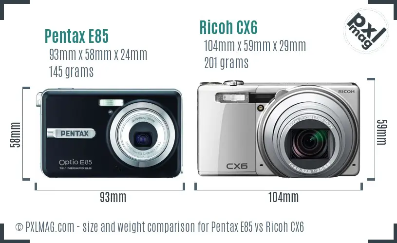 Pentax E85 vs Ricoh CX6 size comparison