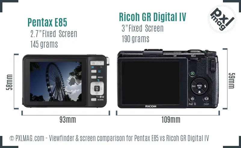 Pentax E85 vs Ricoh GR Digital IV Screen and Viewfinder comparison