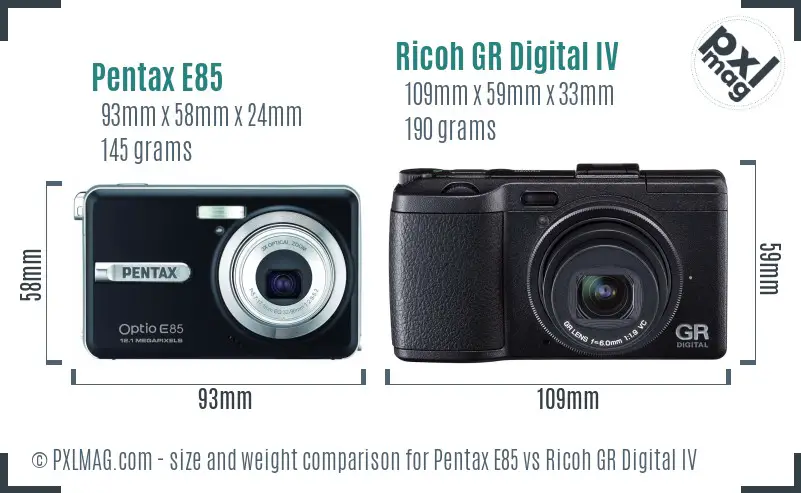Pentax E85 vs Ricoh GR Digital IV size comparison