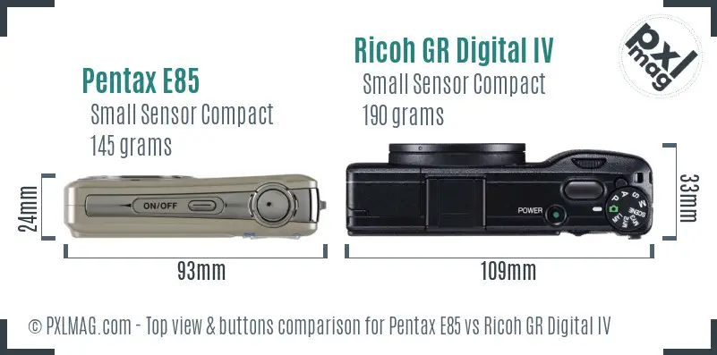Pentax E85 vs Ricoh GR Digital IV top view buttons comparison
