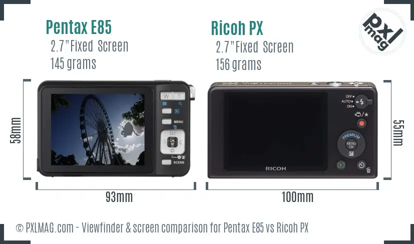 Pentax E85 vs Ricoh PX Screen and Viewfinder comparison