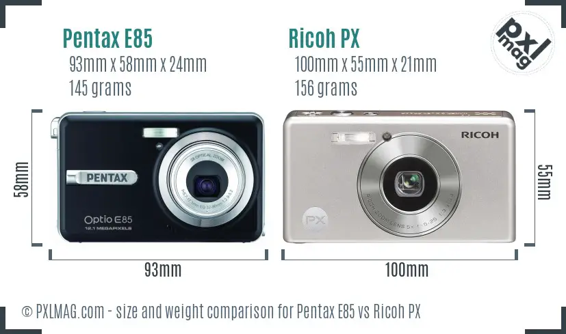 Pentax E85 vs Ricoh PX size comparison