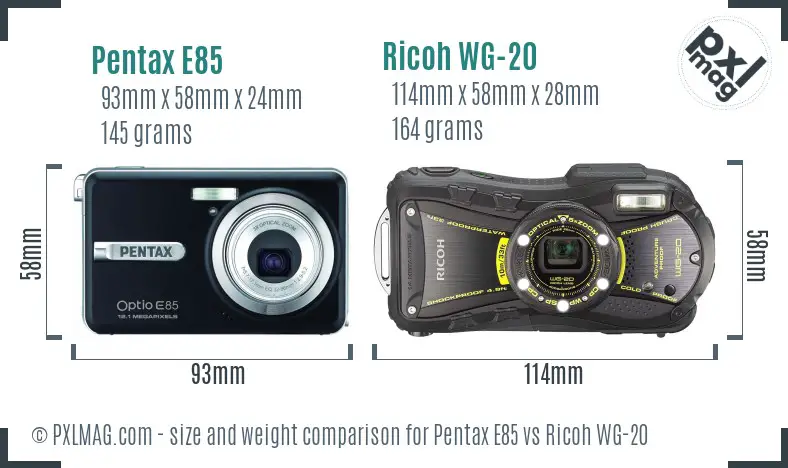 Pentax E85 vs Ricoh WG-20 size comparison